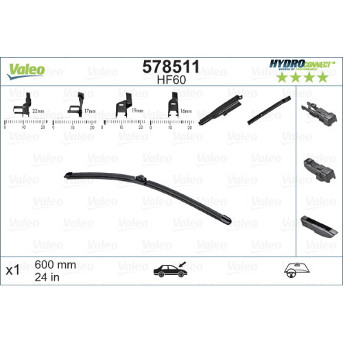 Безкаркасна щітка склоочисника Valeo HydroConnect Front 600мм